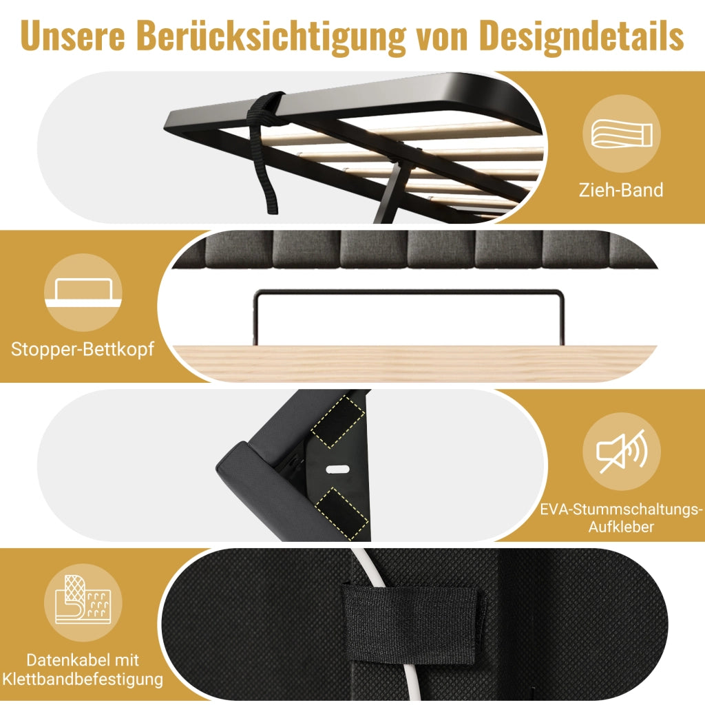 Letto matrimoniale – 180x200 cm – USBC LED testa/piedi contenitore – lino grigio