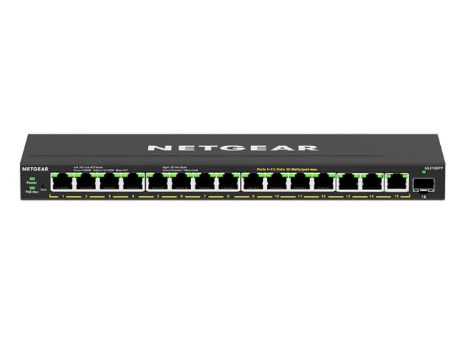 Netgear 16-port high-power poe+ gigabit ethernet plus switch (231w) with 1 sfp port (gs316epp) gestito gigabit ethernet (10/100/1000) supporto power over ethernet (poe) nero - GS316EPP-100PES