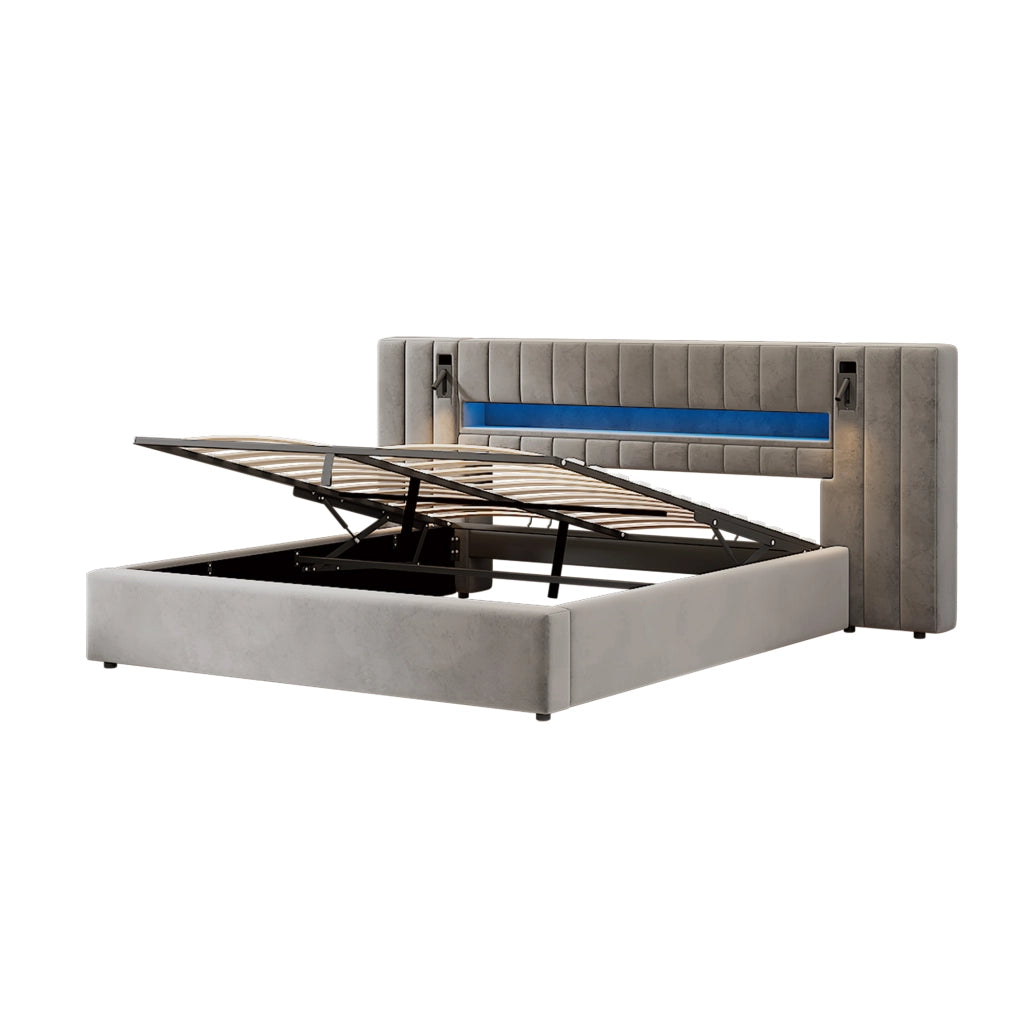 Letto contenitore 180 × 200 cm con USB-A e USB-C LED 16 colori lampada da comodino velluto grigio