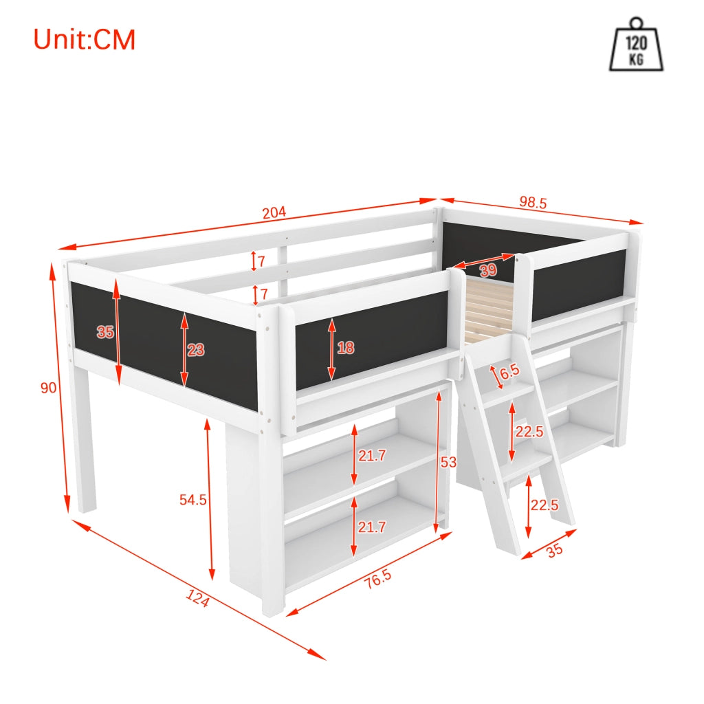 Letto per Bambini Semialto 90x200 cm con Ripiani; Scala e Sponde di Sicurezza; Pino e MDF Bianco