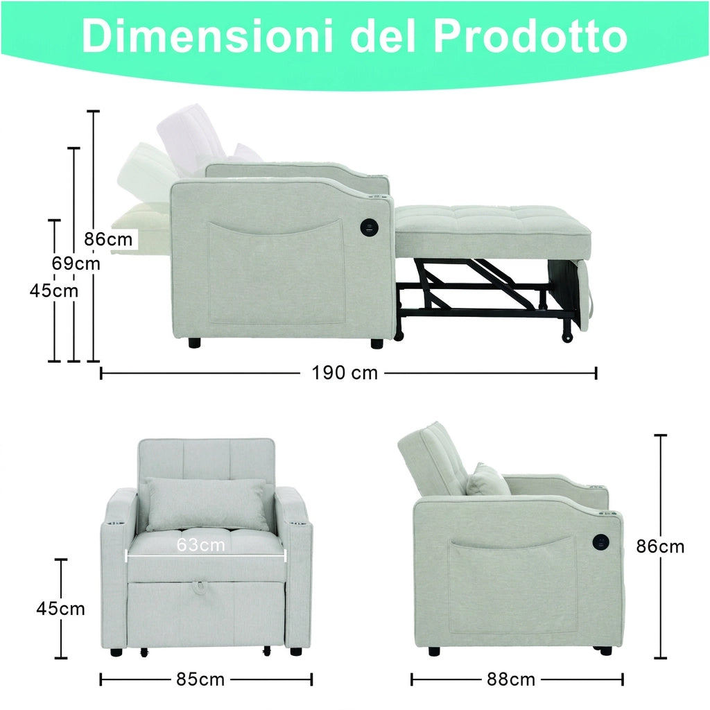 Poltrona Letto 3 in 1 Singola 190 cm con Porta USB e Type-C; Schienale Regolabile; Tessuto Beige