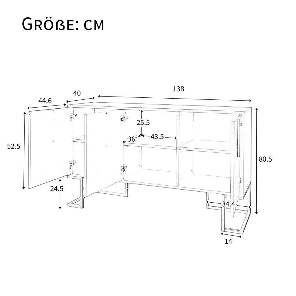 Credenza moderna a 3 ante con ripiani regolabili e base in metallo; MDF nero