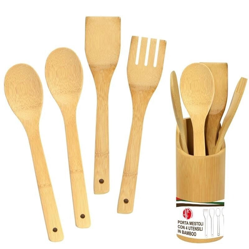 MAURY'S PORTA MESTOLI CON 4 UTENSILI IN LEGNO DI BAMBOO