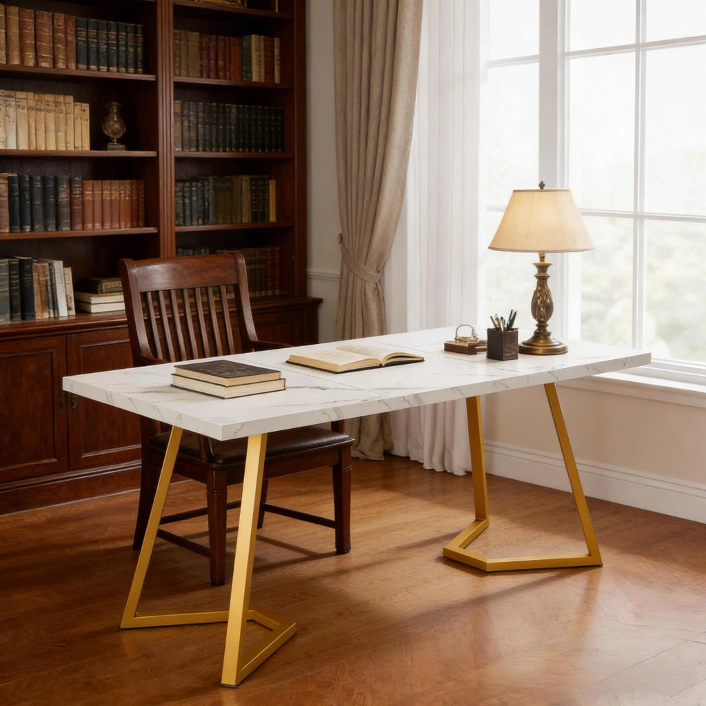 Scrivania da computer in legno bianco e oro per home office