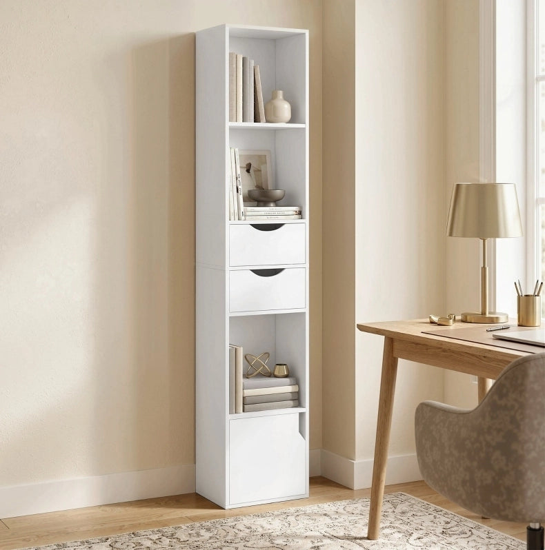 Libreria sottile bianca con 2 cassetti e 3 ripiani aperti 30x24x158 cm per ufficio e camera da letto