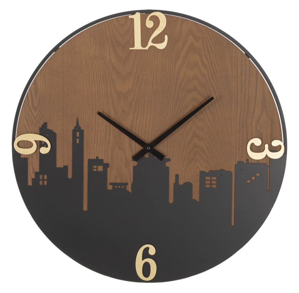 Orologio da Muro City 60x2x60 cm in Ferro e MDF Nero e Marrone e Oro