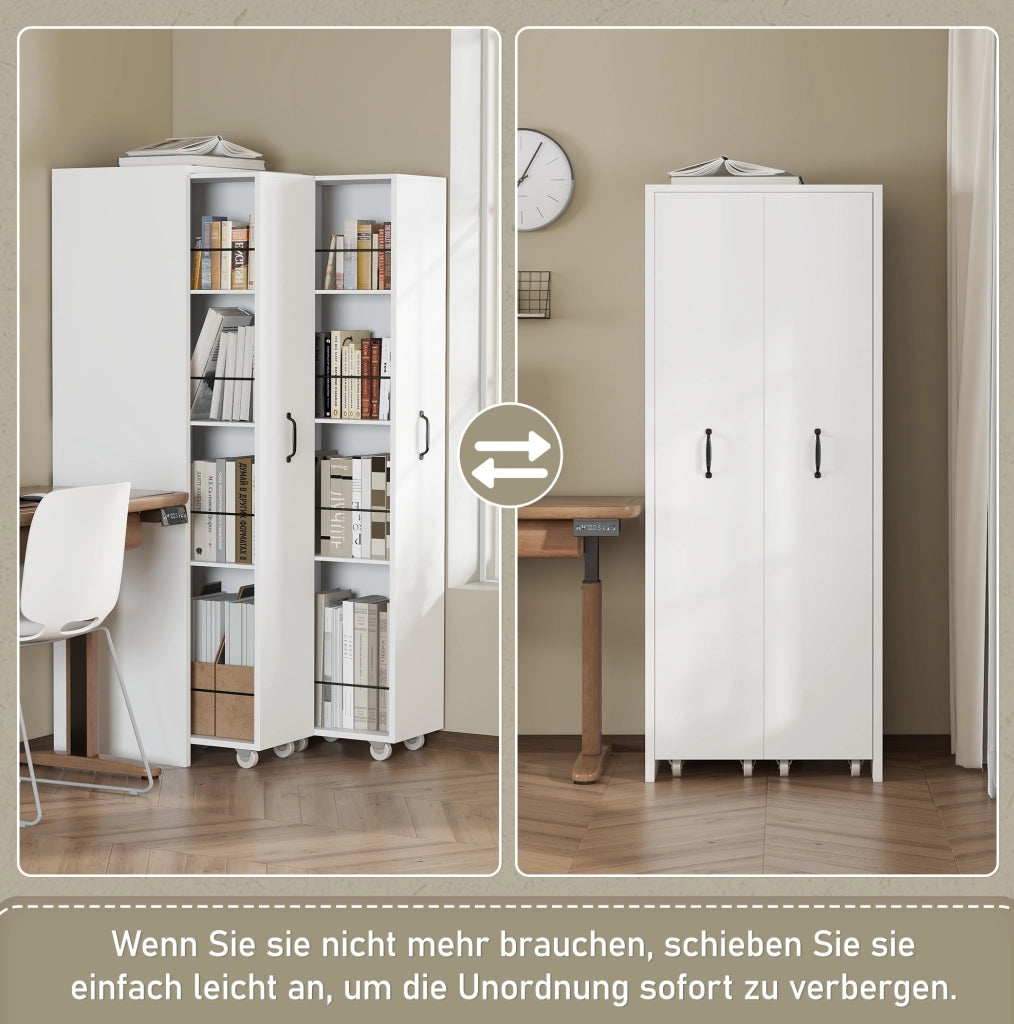 Libreria estensibile su ruote; 4 ripiani per modulo; MDF; bianco