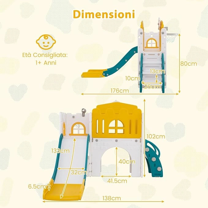 Scivolo per Bambini 9 in 1, Set da Gioco con Canestro da Basket, Telescopio, Volante, Corridoio, Tunnel e Spazio di Archiviazione, Scivolo da Interno ed Esterno per 1+ Anni (Giallo+Verde)