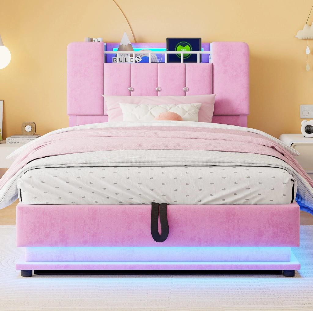 Letto imbottito per bambini con LED, USB e contenitore salvaspazio