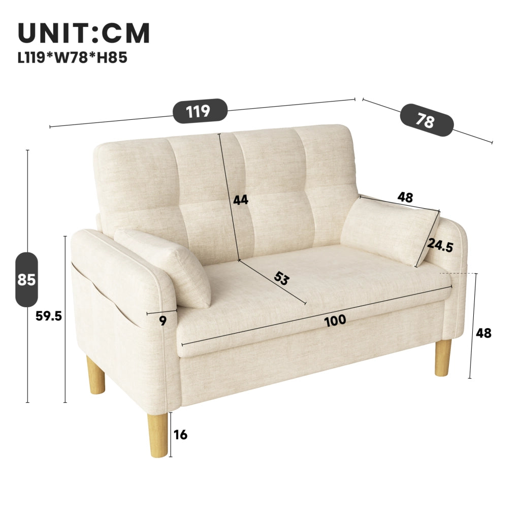 Divano a 2 posti in chenille beige con cuscini e tasca laterale, 119 x 78 x 85 cm