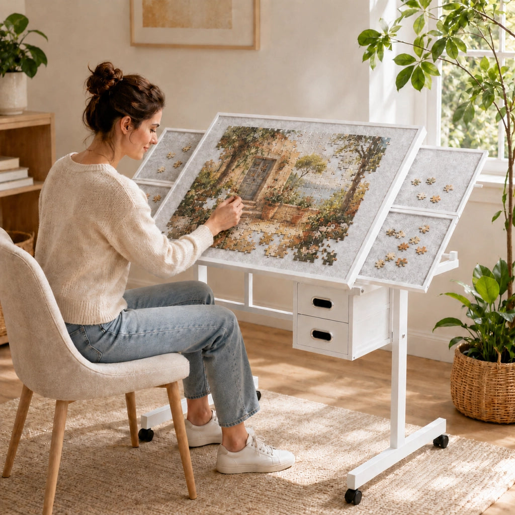 Tavolo per puzzle con 4 cassetti in feltro e 4 ruote con freno - per soggiorno - bianco