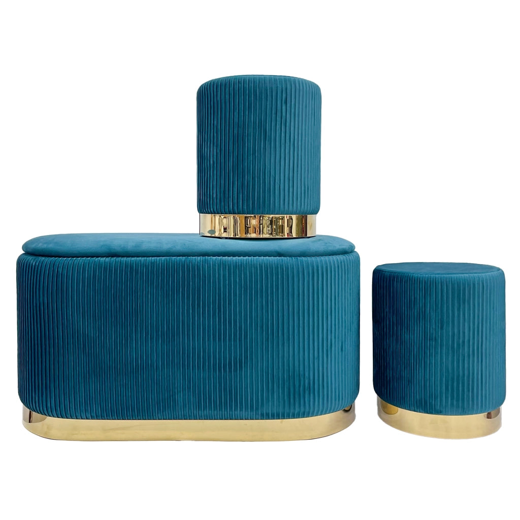 Set 3 Pouf in Velluto – Panca Contenitore Grande Con Cuscino 42x80 cm + 2 Pouf Piccoli 29x35 cm, Design Moderno Elegante, Poggiapiedi e Seduta Aggiuntiva Petrolio