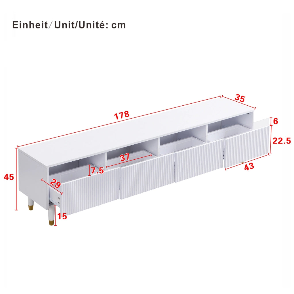 Mobile TV 178x35x45 cm con 4 cassetti e passacavi in MDF e acrilico bianco