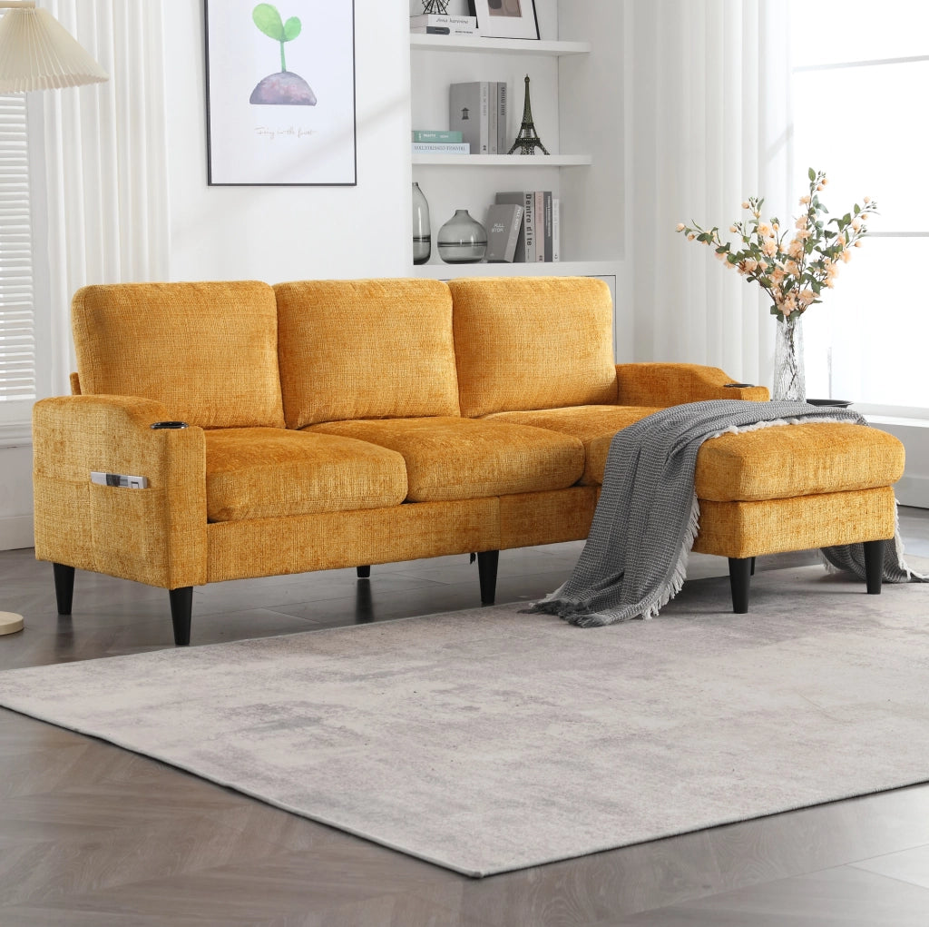 DIVANO 4 POSTI 196,5x75x77 cm in Chenille Giallo con Pouf e Contenitore