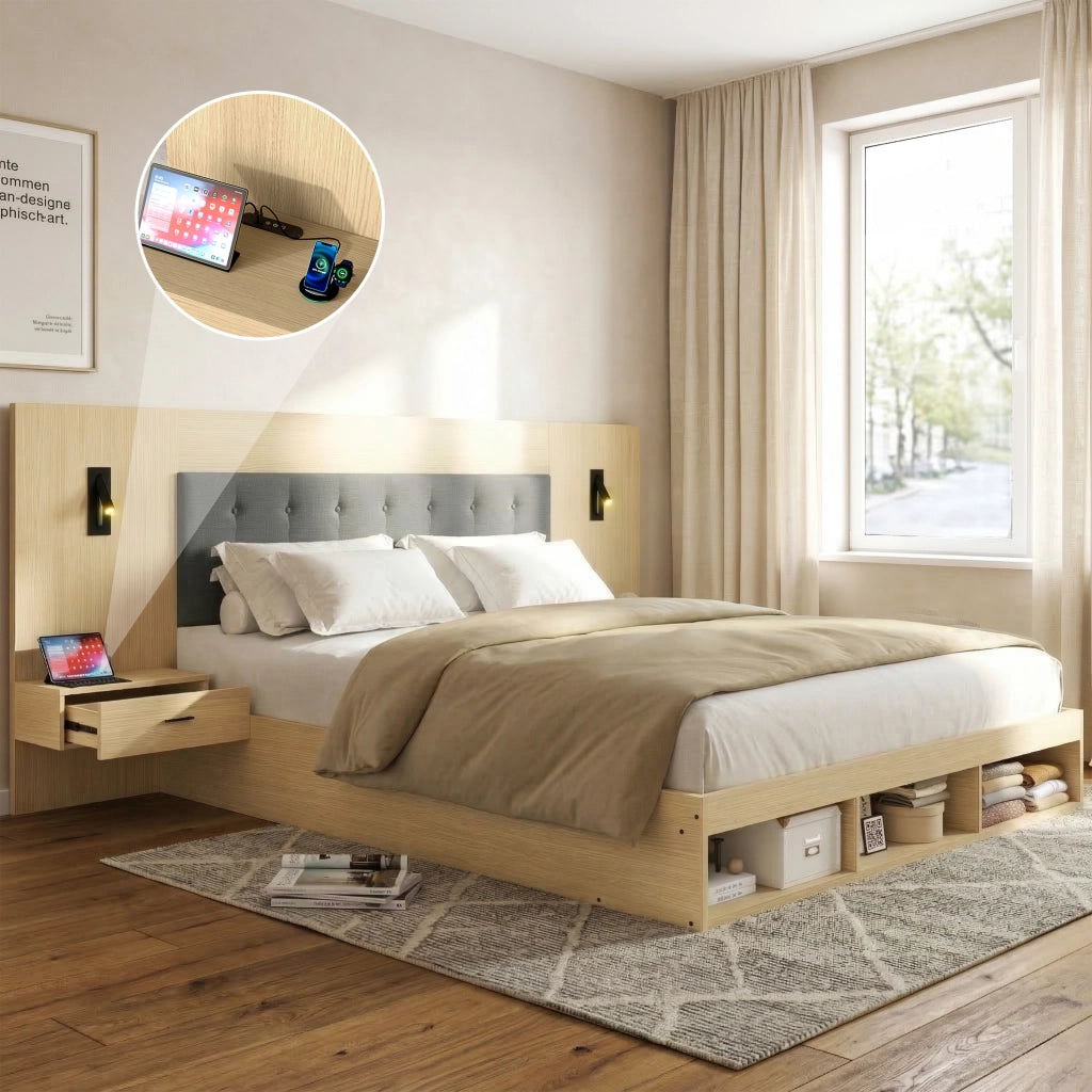 Letto matrimoniale in legno con USB, LED e 2 comodini, 180x200 cm, quercia chiara