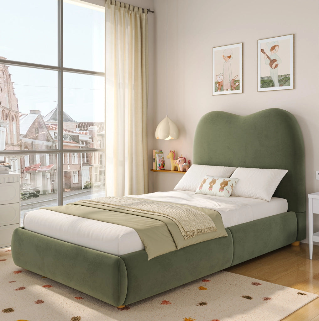 Letto imbottito per bambini verde in velluto con contenitore