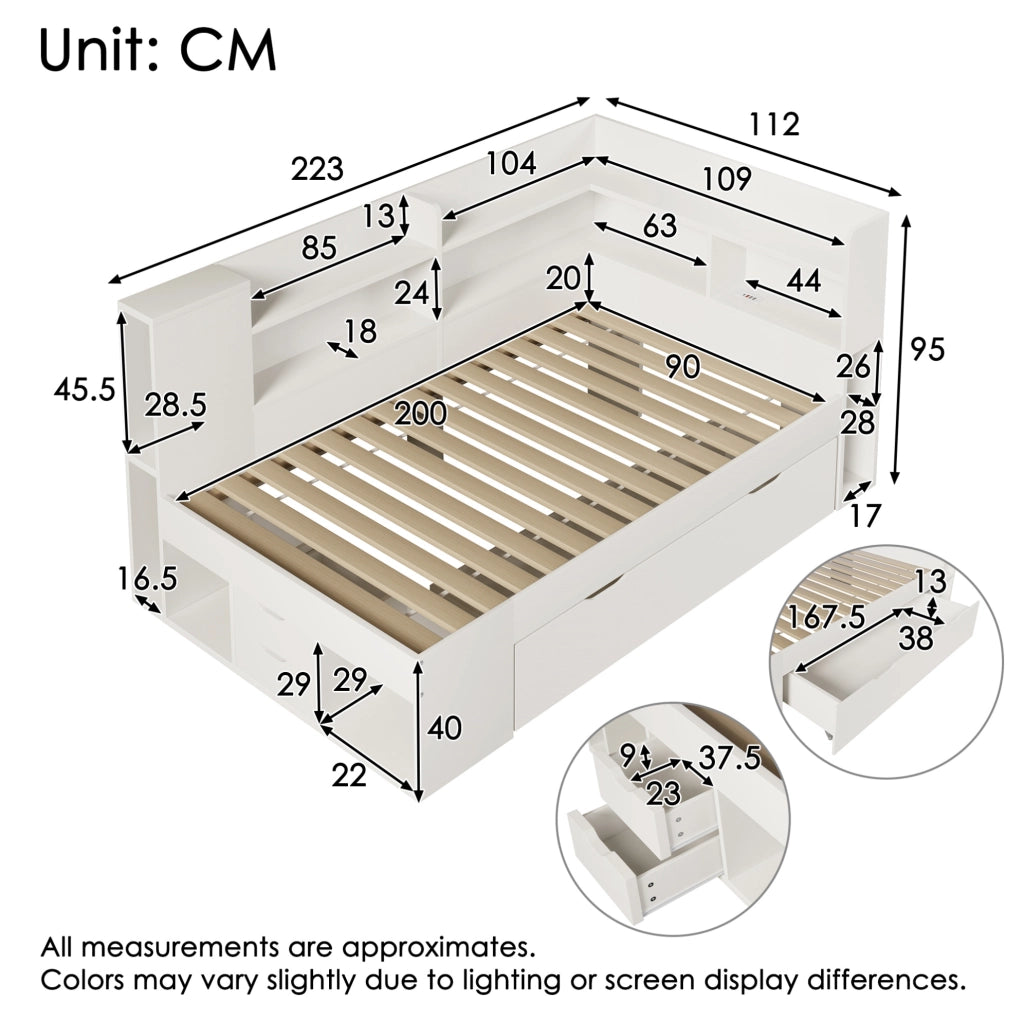 Letto singolo 90x200 cm con materasso, LED, USB e cassetti