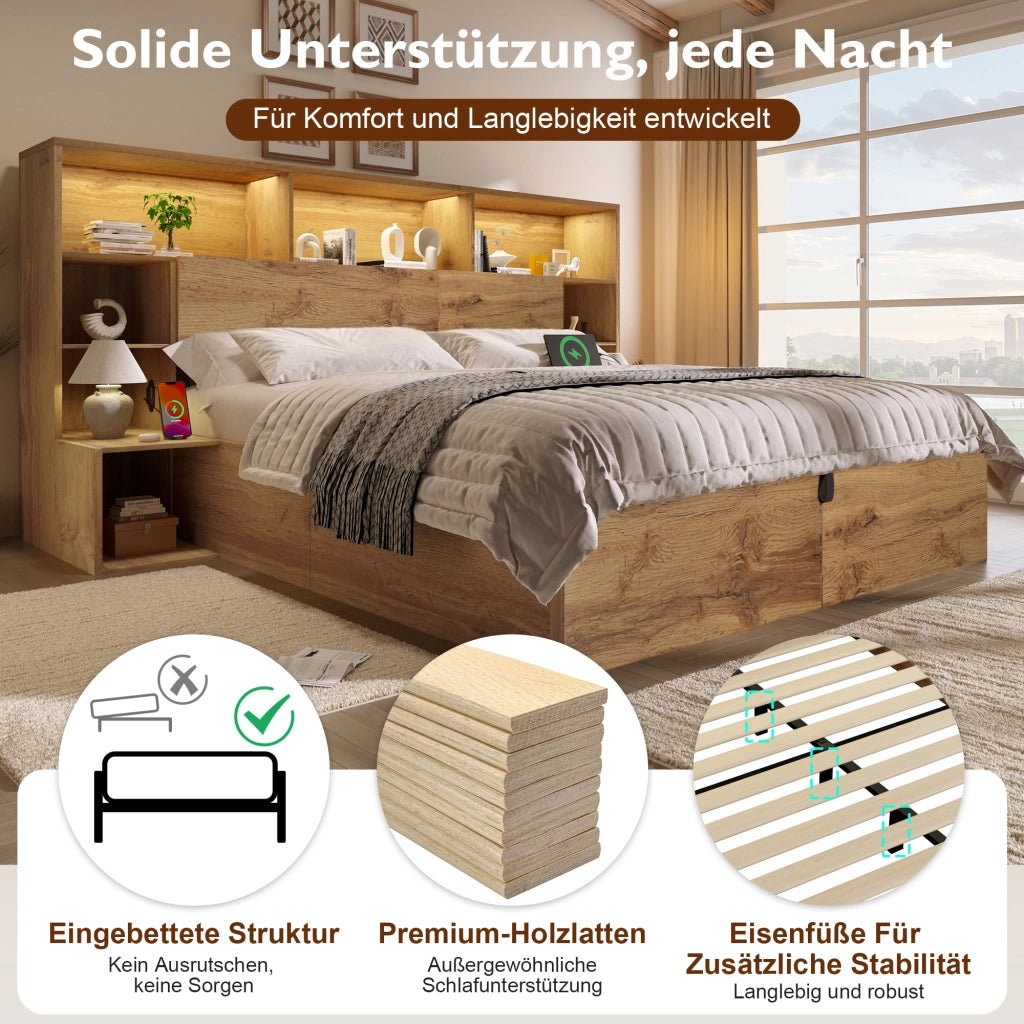 Letto matrimoniale con contenitore e rete a doghe legno rovere con comodini LED USB e USB-C