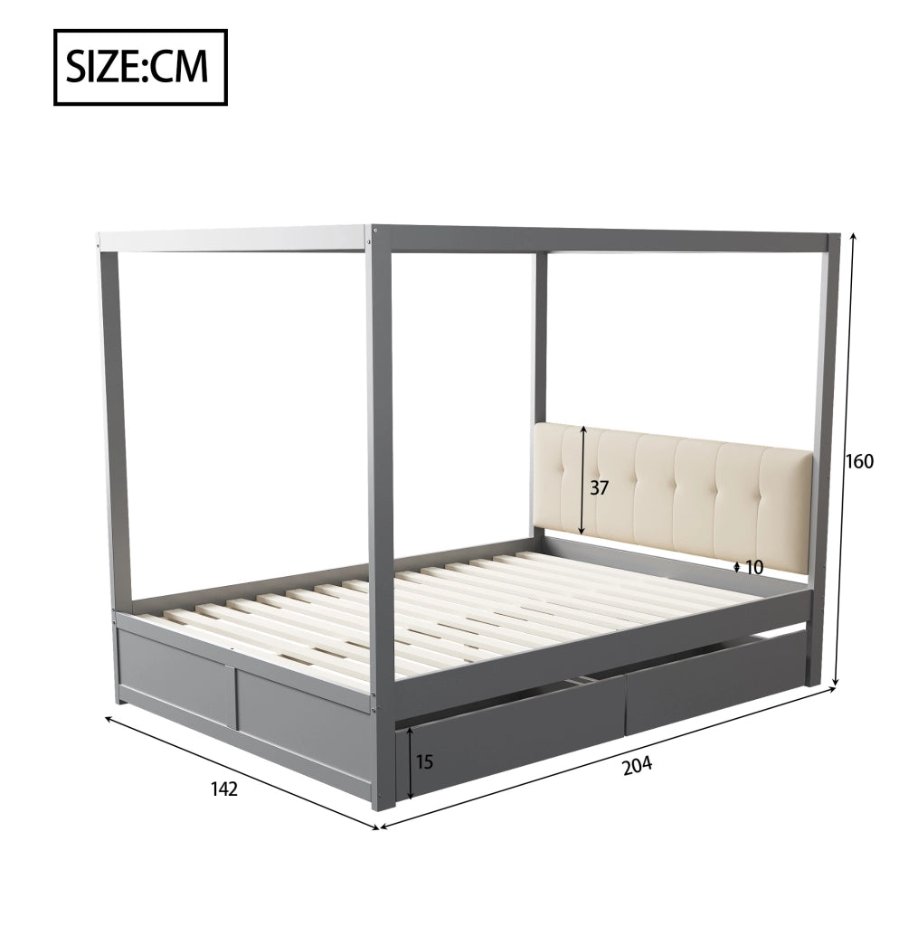 Letto 140x200 cm con 2 cassetti e schienale imbottito in legno