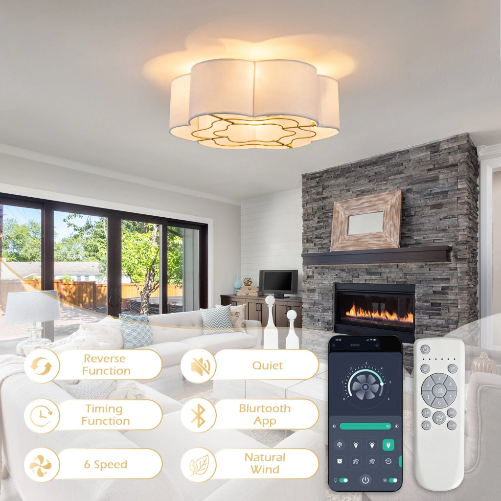 Ventilatore da soffitto con luce; 6 velocità; app Bluetooth e telecomando; 4 portalampade E26. oro e bianco
