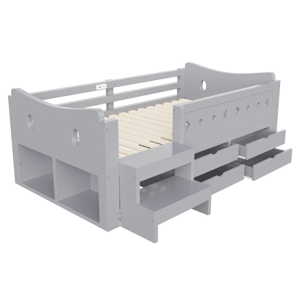 Letto per bambini 90x200 cm con LED; USB e Type-C; 4 cassetti; sponde e scale; legno grigio