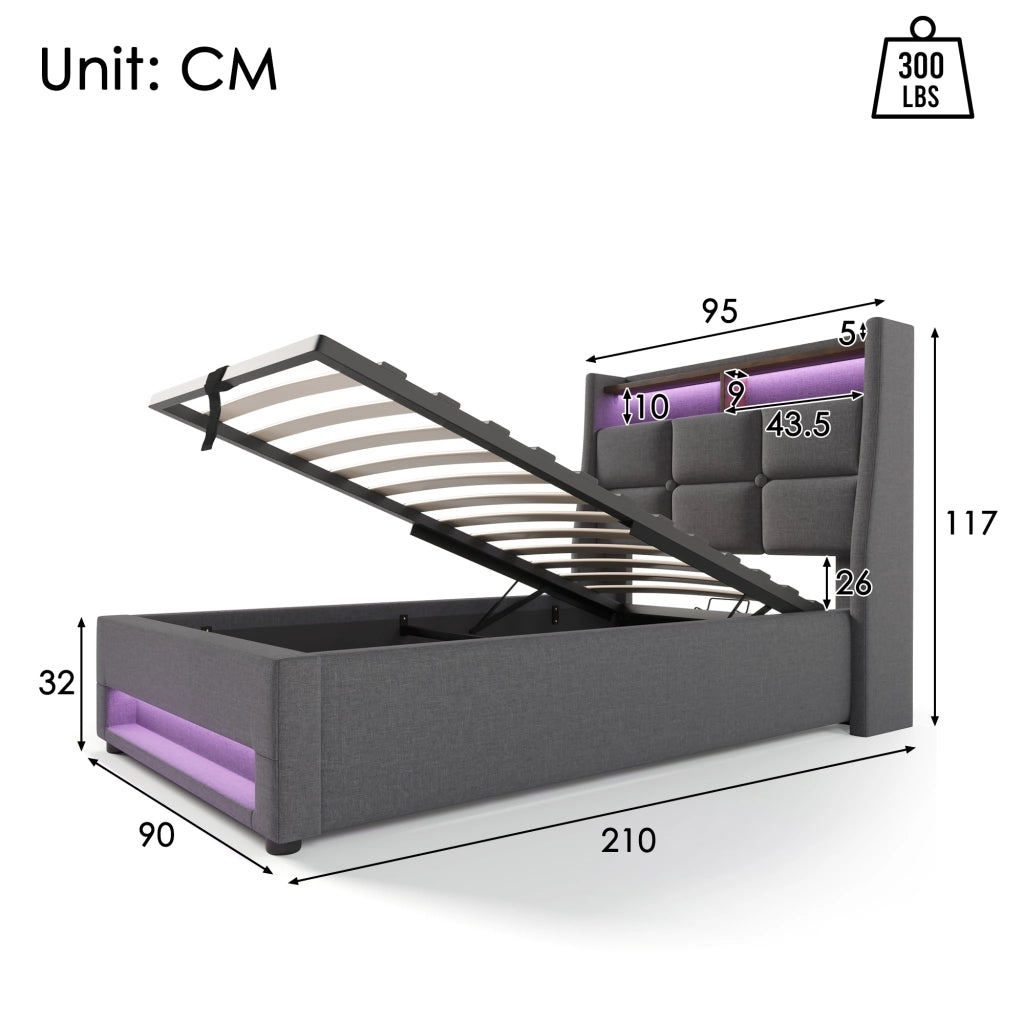 Letto singolo imbottito 90x200 cm con contenitore e luci LED