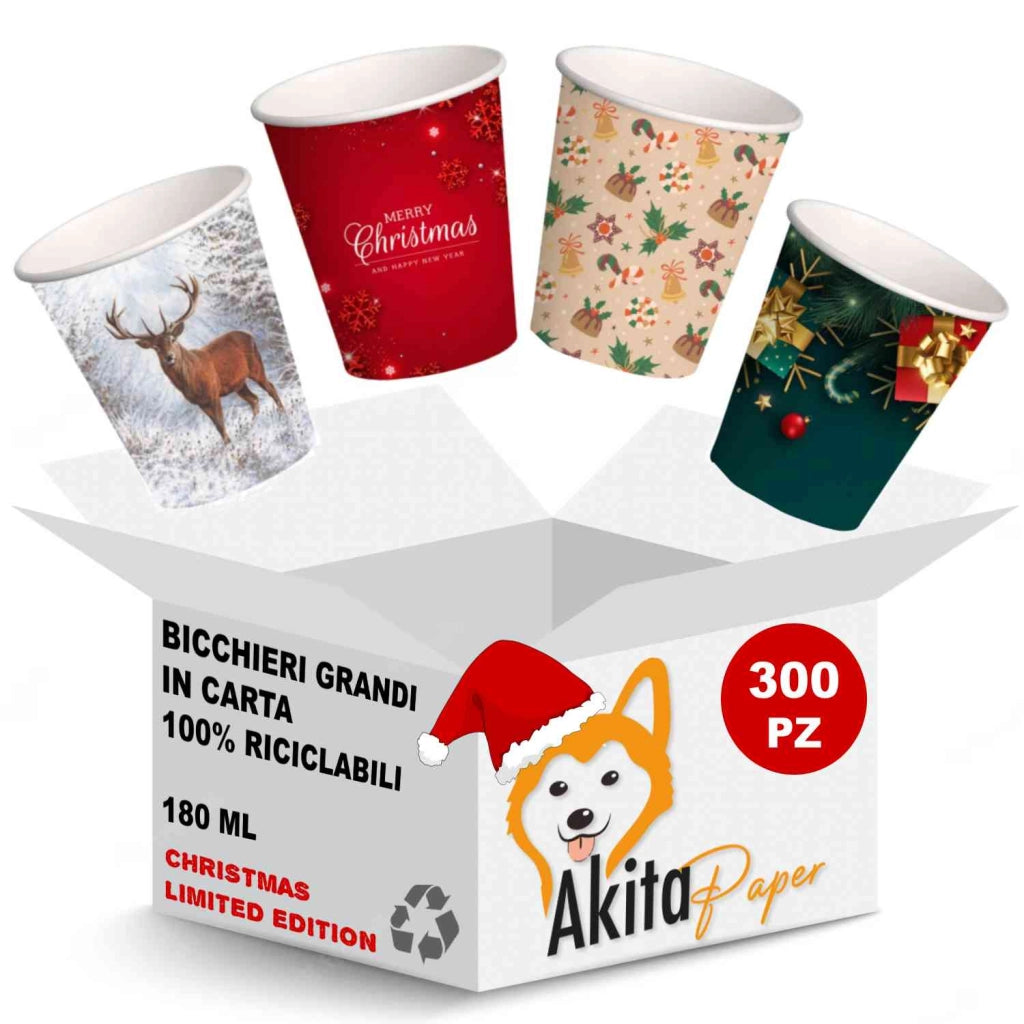 300 Bicchieri Carta Natale 180ml Biodegradabili AKITAInk