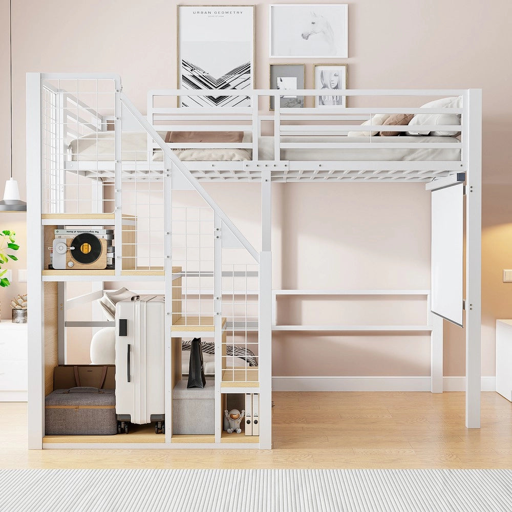 Letto a Soppalco con Scala di Sicurezza ¨C MINIMAL ¨C Singolo 90x200, Metallo, Bianco