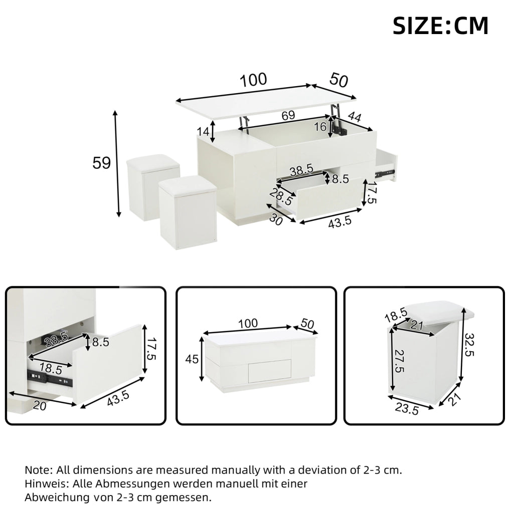 TAVOLINO DA CAFFÈ Sollevabile 100x50x45 cm Bianco con LED e 2 Pouf