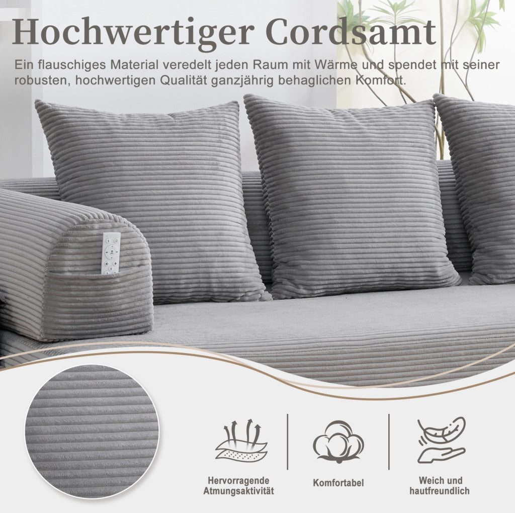 DIVANO modulare 200x94x67 cm in velluto a coste grigio chiaro