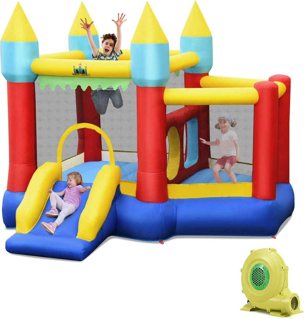 Castello Gonfiabile Per Bambini, con Scivolo, 100 Palline, Borsa di Trasporto e Kit di Riparazione, per 3 Bambini 3-10 anni, Regalo Perfetto per Bambini (con Soffiatore 450W)