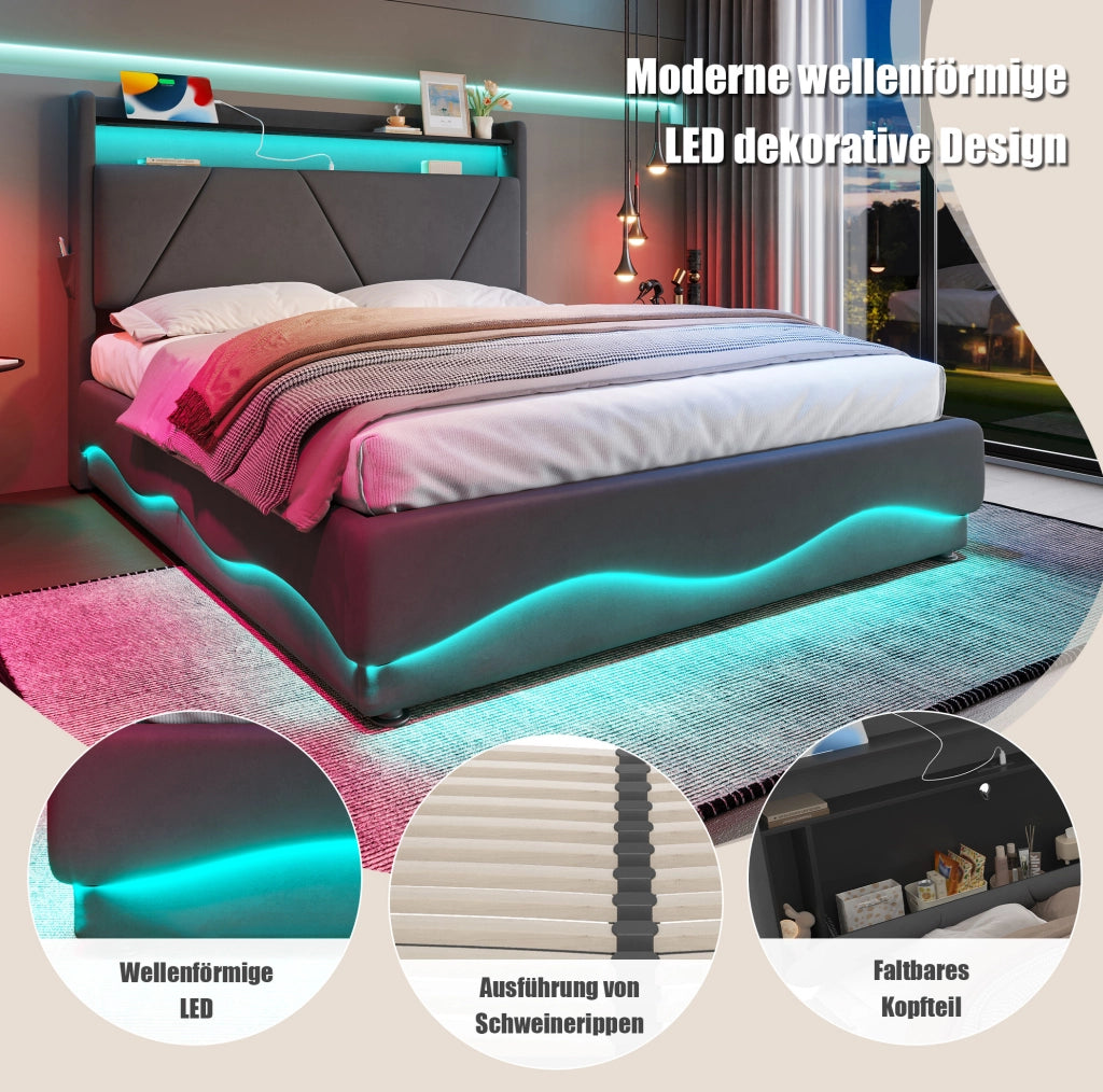 LETTO imbottito 160x200 cm in velluto grigio scuro con LED e porte USB/Type-C