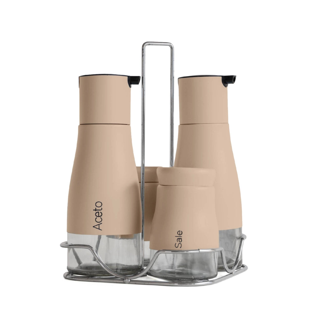 Set Condimento 4 Pezzi Olio Aceto Sale Pepe Vetro Acciaio Certificato Per Alimenti Organizzatore Acciaio Inox Con Stand In Metallo Condimenti Tavola Oliera Saliera Dispenser Tavola Organizer Porta Spezie Barattoli Contenitori Biscotto