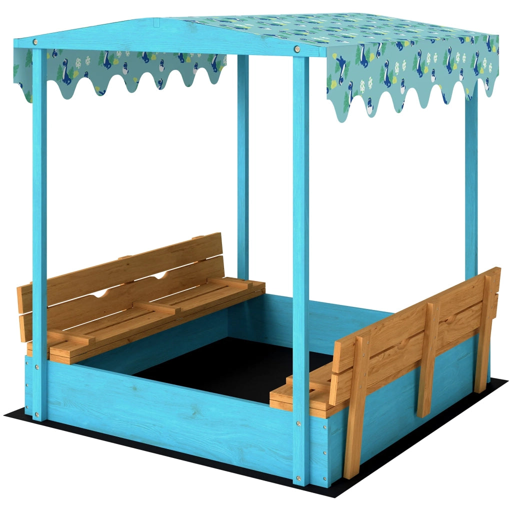 Sabbiera per bambini da esterno 134.5 x 127.5 x 130 cm panche ripiegabili ombreggiante stile scandinavo in legno di abete blu 21_0000356