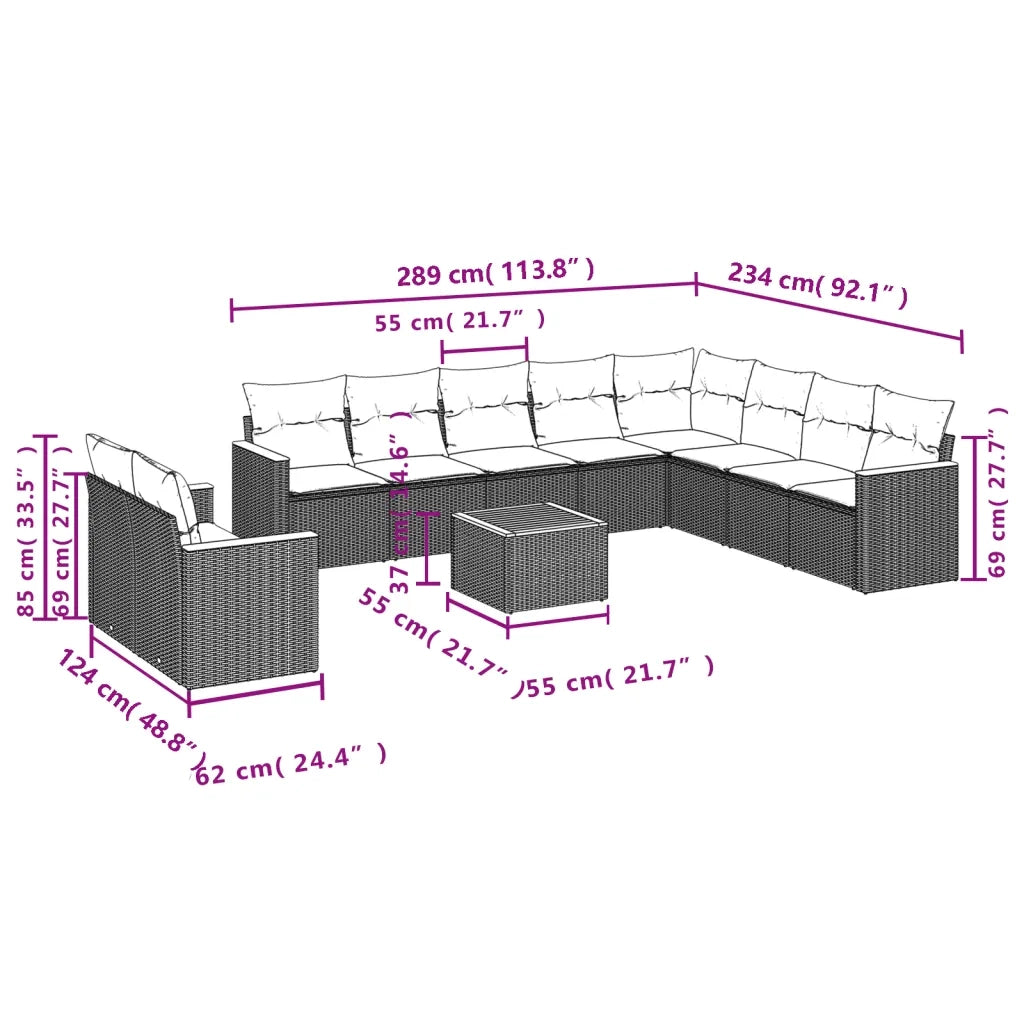 Set Divani da Giardino 11 pz con Cuscini Beige in Polyrattan