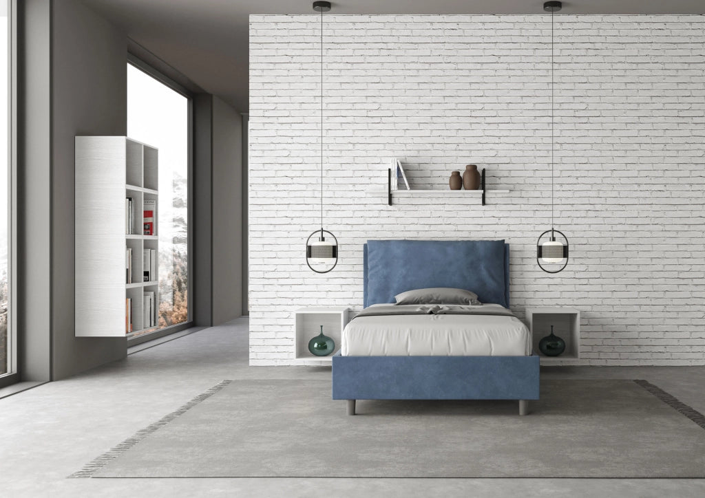Letto 1 Piazza E Mezzo 130x190 cm con Rete Imbottito in Microfibra Antea Large Blu