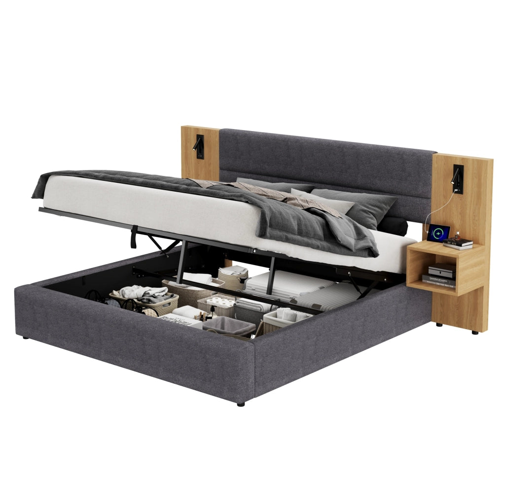 Letto imbottito 180x200 cm con contenitore, USB e comodini