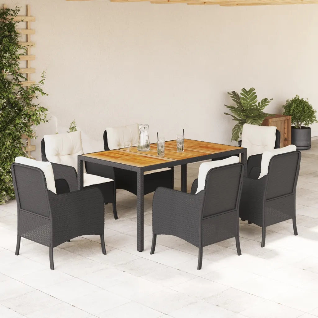 Set da Pranzo da Giardino 7 pz Nero con Cuscini in Polyrattan