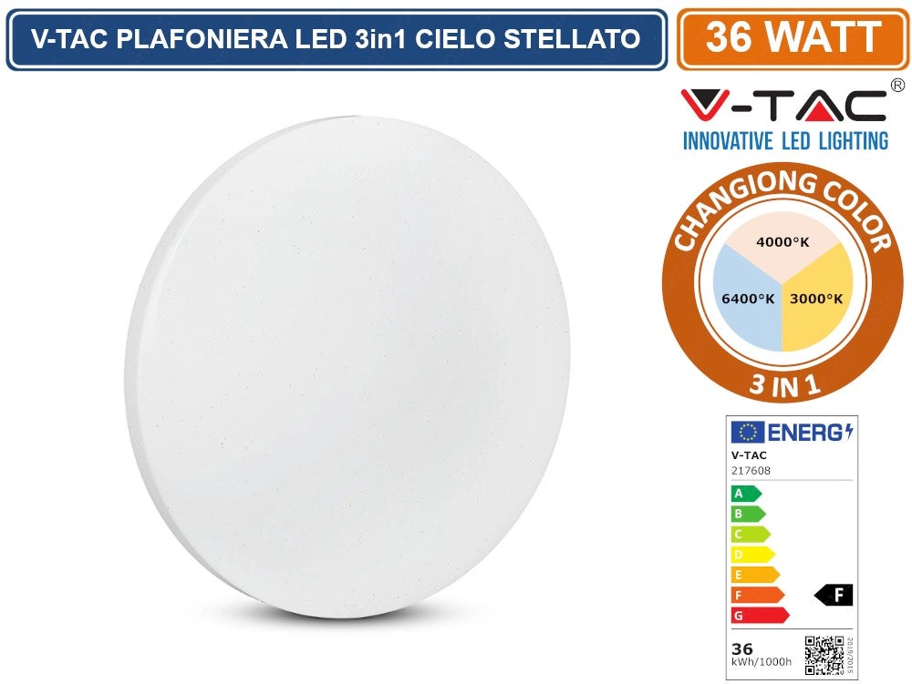V-TAC VT-8436 PLAFONIERA LED 36W CHANGING COLOR 3IN1 FORMA CIRCOLARE EFFETTO CIELO STELLATO - SKU 217608