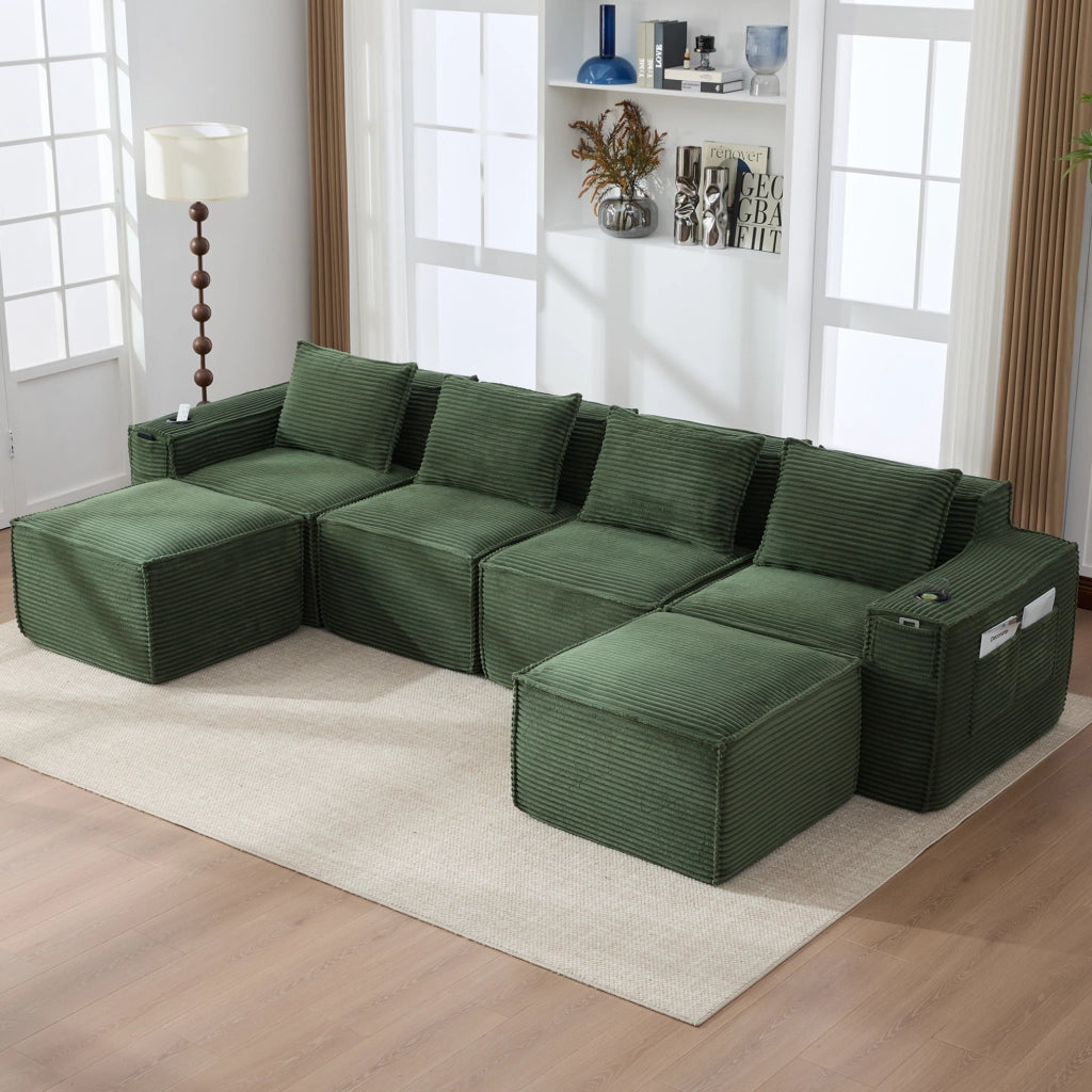 DIVANO modulare 4 posti in corduroy verde con 2 pouf