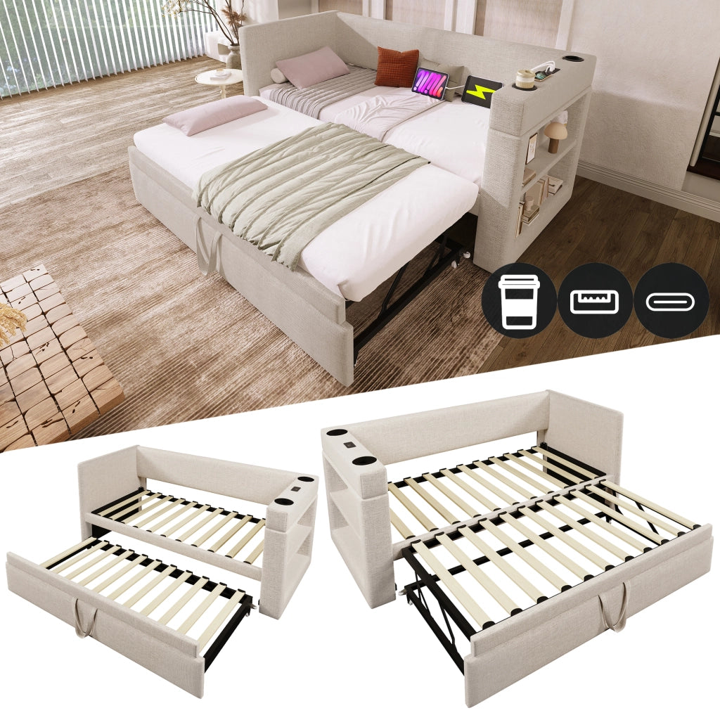 Letto singolo estraibile 90 × 190 cm con USB Type-C portabicchieri in cotone e lino beige