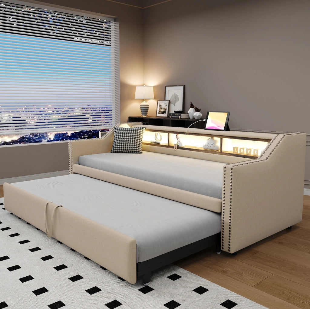 Divano letto estraibile imbottito 90/180x190 cm beige con LED USB