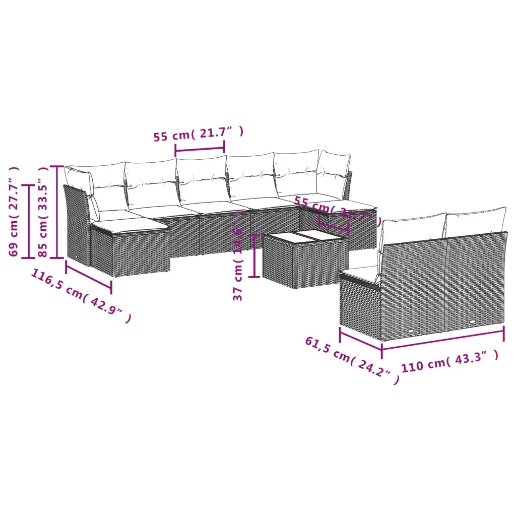 Set Divani da Giardino 10pz con Cuscini in Polyrattan Nero