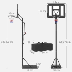 CANESTRO DA BASKET Regolabile 235-305 cm Nero in Acciaio con ruote
