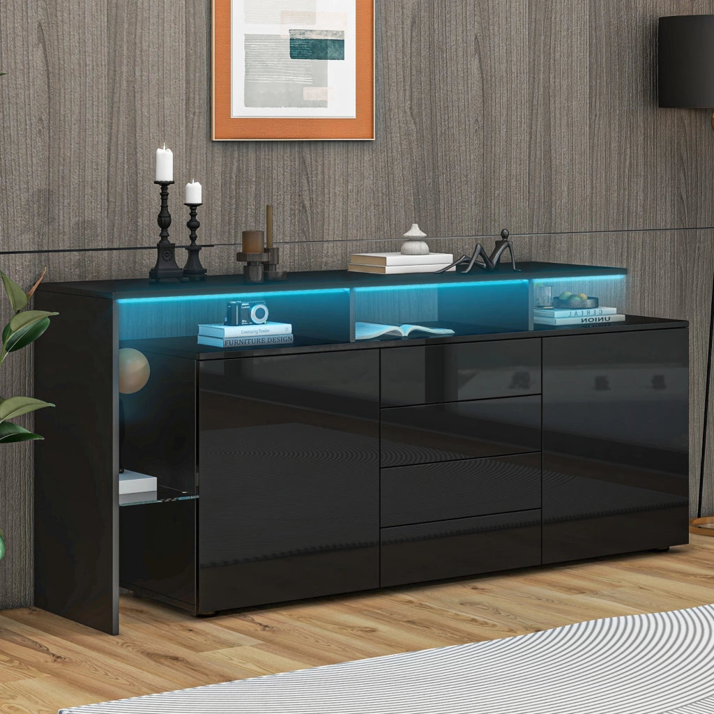 Sideboard con LED e USB 160 cm; 4 cassetti; 2 ante; in truciolare nero
