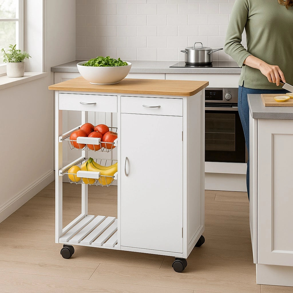 Carrello Cucina in Legno Bianco con Cassetti Cestelli Acciaio e Top Bambù Multiuso