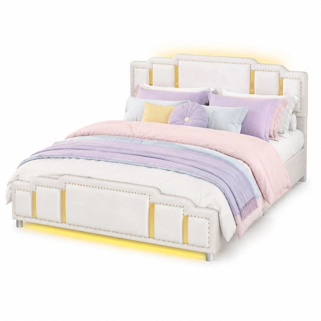 Letto contenitore 140x200 cm in velluto beige con LED