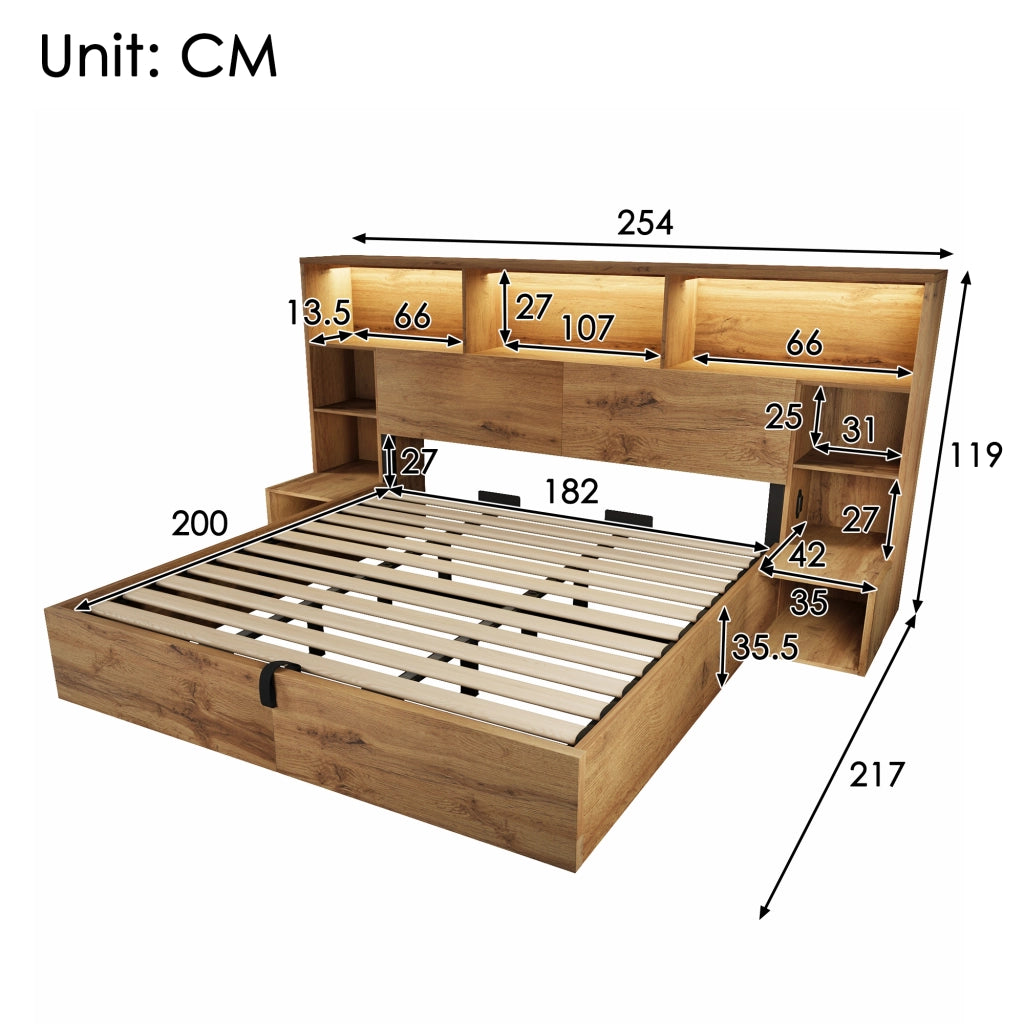 Letto matrimoniale con contenitore e rete a doghe legno rovere con comodini LED USB e USB-C