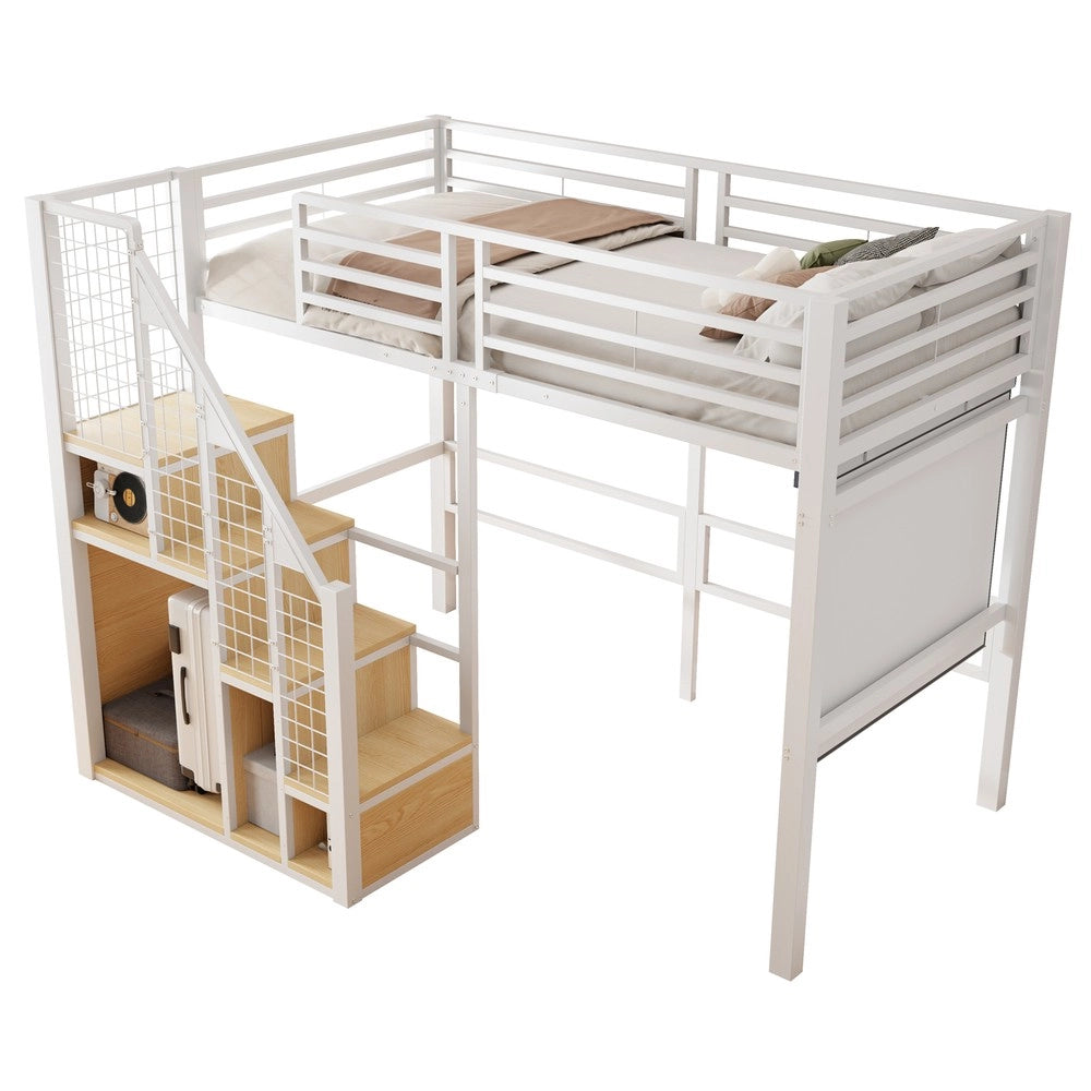 Letto a Soppalco con Scala di Sicurezza ¨C MINIMAL ¨C Singolo 90x200, Metallo, Bianco