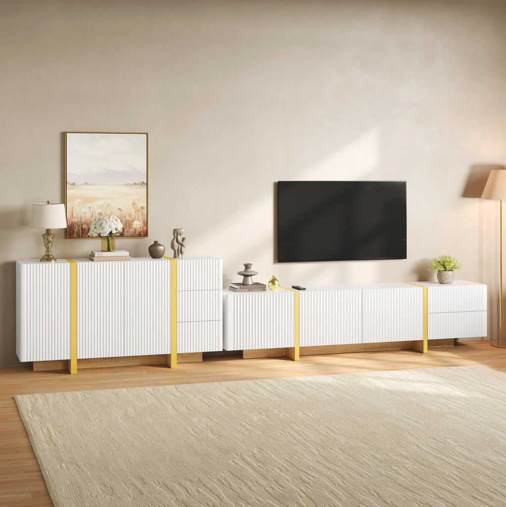 Set mobile TV e sideboard bianco con frontali a rilievo HOMVRA